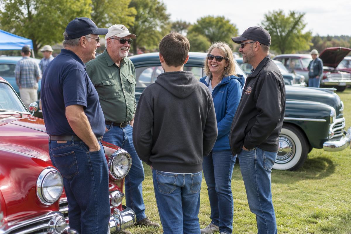 GNYR members of different ages talking beside classic automobiles at a club event